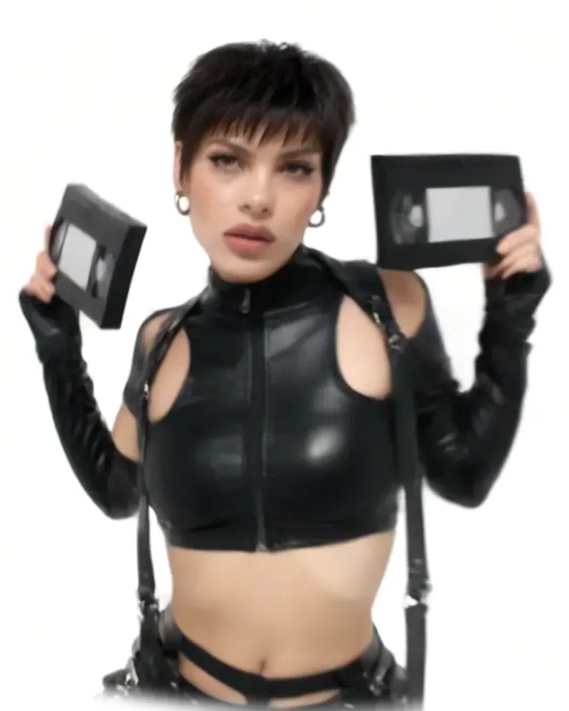 Mannequin en total look noir tenant une cassette VHS